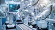 A photo of an advanced technology production line with robotic arms working on electronic components, illustrating the integration and polarization between robotics and global high-tech industrial