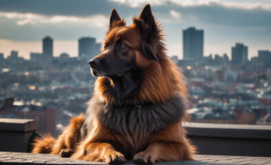 Canvas Print - Portrait of a dog with a city at background