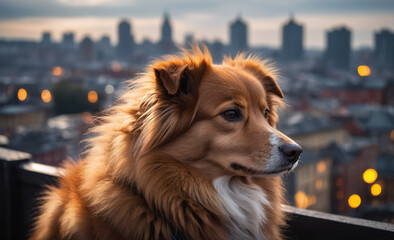 Canvas Print - Portrait of a dog with a city at background