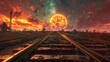 Apocalyptic vision with giant sun over railway tracks. Surreal digital art composition. Science fiction and end of the world concept. Design for book cover, poster.
