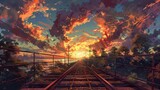 Sunset on railway with vibrant anime-style clouds. Digital art concept. Dreamy adventure and escapism theme. Design for book cover, animated movie poster.