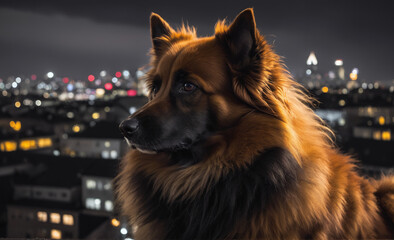 Canvas Print - Portrait of a dog with a city at background