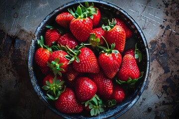 Wall Mural - Freshly Harvested Crimson Strawberries Nestled in a Rustic Bowl,Bursting with Sweetness and Nutrition