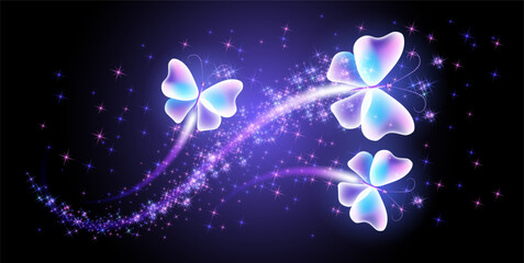 Wall Mural - Magic butterflies with fantasy sparkle and blazing trail and glowing stars on night background