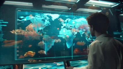 Aufkleber - a man is shown standing in front of an interactive map animation on a computer screen.