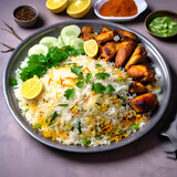 Fototapeta  - Rice with chicken leg peace, leg peace on the boiled rice, boiled rice, masala biryani, white rice with chicken