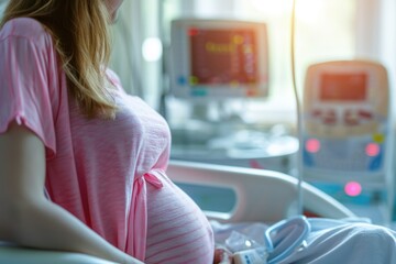 A pregnant woman being induced in the hospital  with iv and contractions monitor.