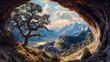 A cave in the mountains with an opening that reveals the outside world. Tree branches, hills and the sky.