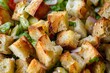 A digital rendering of a close-up of fresh crispy croutons in a Panzanella salad