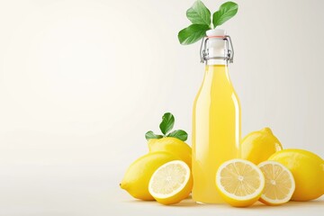 Wall Mural - Fresh lemonade on a glass bottle with porcelain cap on white background