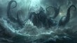 Leviathan Rising: Monumental Sea Monster Emerging Amidst a Turbulent Ocean Storm