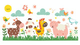 Fototapeta Pokój dzieciecy - Cartoon farm animals with nature background flat vector