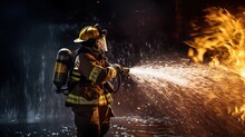 Heroic Firefighter In His Safety Suit And Equipment Working In Flames And Water Spray