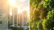 Sunlight filters through a vibrant vertical garden on an urban building, illustrating sustainable architecture and green living in modern cities.