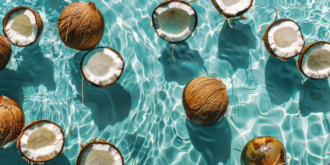 Wall Mural - overhead view of fresh coconuts floating in a summer swimming pool