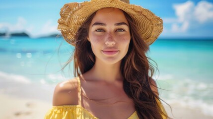 Wall Mural -  Beautiful attractive woman in yellow dress and straw hat on the beach, Summer vacation concept