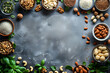 An artful arrangement of various nuts and spices in a circle on the table. These natural foods can be used as ingredients in a delicious recipe to elevate the cuisine
