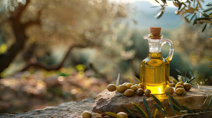 Wall Mural - Bottle with olive oil in the olive tree grove