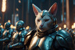 A cat wearing a suit of armour stands in front of a group of soldiers.