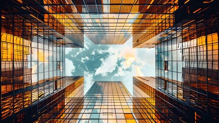 Wall Mural - abstract architectural ceiling view with dramatic sky. modern glass building symmetrical design elem