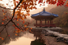 Red Small Ancient Pavilion And Red Maple Trees In Small Pond, Autumn Scene Of Naejangsan National Park In South Korea.