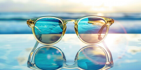 Sunglasses goggles with reflected sky cloud and tropical palm leaves beach with ocean sea on background. Summer sunny destination holiday vacation travel concept.