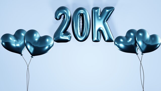  20k , 20000 followers, subscribers, likes celebration background with heart shaped helium air balloons and balloon texts on light blue background 8k illustration.