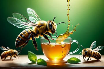 Poster - bees carry honey into tea, natural tea with honey