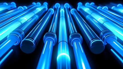 Glowing neon blue tubes in a futuristic array against darkness - Generative AI
