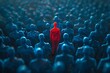 Bright red figure in thinker pose among passive blue figures, strategic leadership, isolated, direct light