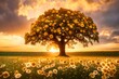 A majestic oak tree standing tall in a meadow filled with a profusion of daisies and sunflowers, basking in the warm glow of the setting sun.