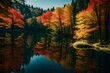 A breathtaking view of a tranquil lake surrounded by a dense forest, the water reflecting the vibrant hues of the overhanging maple leaves
