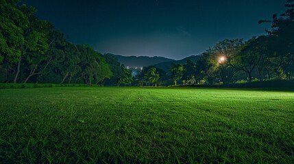 Grassy Field at Night With Distant Street Light