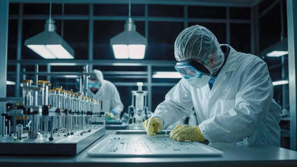 Poster - scientists in white coats working with test tubes in modern laboratory
