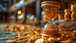 Time is money. Hourglass and gold coins on the table
