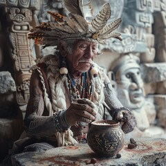 Amid the ruins of an ancient temple, a Mayan priest predicts the future in the patterns of tapioca pearls at the bottom of his tea ,professional color grading