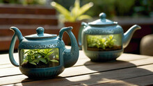 Tea Pot Tiny Green Plants Background With Little Tint Plants Stuck Inside The Tea Pot With Little Water Drops On The Plants With Sunrise Placed On The Balcony For  Decoration 