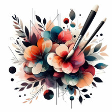 Flat Icon As Floral Fusion As An Abstract Blend Of Watercolor Flowers With Geometric Shapes Symbolizing Modern Artistry In Watercolor Hand Drawing Floral Theme With Isolated White Background ,Full Dep