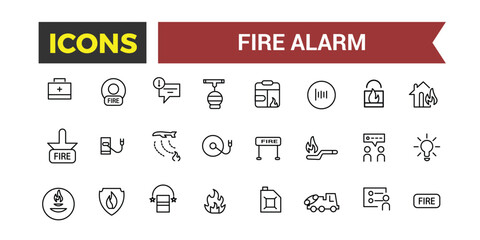 Wall Mural - Fire Alarm Systems Icons Set, Related To Detector, Smoke Sensor, Sprinkler, Powder Extinguishing Module, Fire Alarm Control Panel, Extinguisher, Emergency Vector Illustration