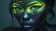 closeup of black woman's eyes with neon fluorescent paint, neon colors, creative portrait, tribal