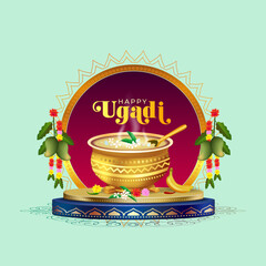 Wall Mural - Happy Ugadi. Greeting card with food and podium stage. 