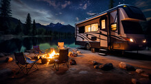 A 4K HDR Upscale RV Parked In A Picturesque Campground, With A Campfire, Comfortable Chairs, And A Starry Night Sky Above.