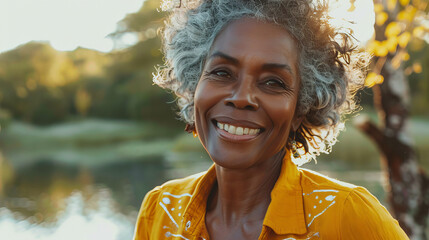 Wall Mural - Black american woman in her 50s who exudes happiness and a sense of feeling truly alive in a beautiful natural park near a lake, genuine smile on her face, relaxed and confident, female who found joy