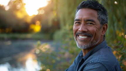 Wall Mural - Latino american man in his 50s who exudes happiness and a sense of feeling truly alive in a beautiful natural park near lake, genuine smile on his face, relaxed and confident latin male who found joy