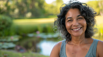 Wall Mural - Latino woman in her 50s who exudes happiness and a sense of feeling truly alive in a beautiful natural park near a lake, genuine smile on her face, relaxed and confident, latin female who found joy