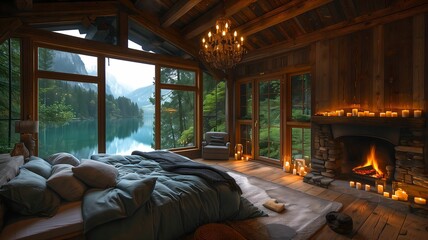 dark interior of a wooden cabin at night with a view of a beautiful lake in the green forest 