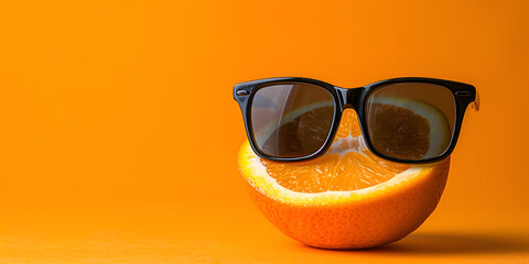 Wall Mural - Orange fruit with sunglasses on orange background and copy space for text.