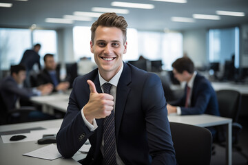 Wall Mural - Man in a black suit is sitting at a desk in an office environment. He is smiling and making the 