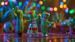 Salsa Dancing: Cacti dressed in colorful clothes salsa dancing under festive lights.