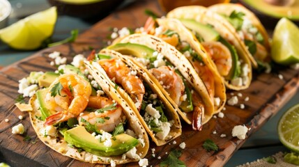 Poster - Shrimp Tacos: A delicious platter filled with shrimp tacos drizzled with lime crema, topped with avocado slices and a side of crumbled cheese.